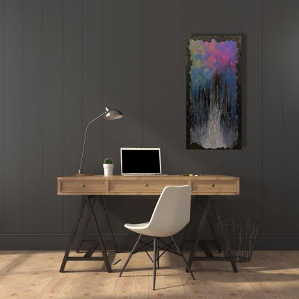Wooden desk and modern chair against a gray wall